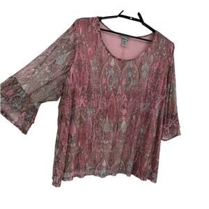 Catherines Paisley Mesh Top Sz 4X Bell Sleeve Sheer Flowy Boho Artsy Pink Spring